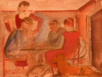 Romans Suta. Sarkanā istabā. 20. gs. 20. gadu beigas – 30. gadi. Papīrs, akvarelis. SBM kolekcija. Skenējums